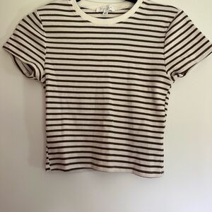 Striped Ribbed Short Sleeve Tee in Cream and Brown